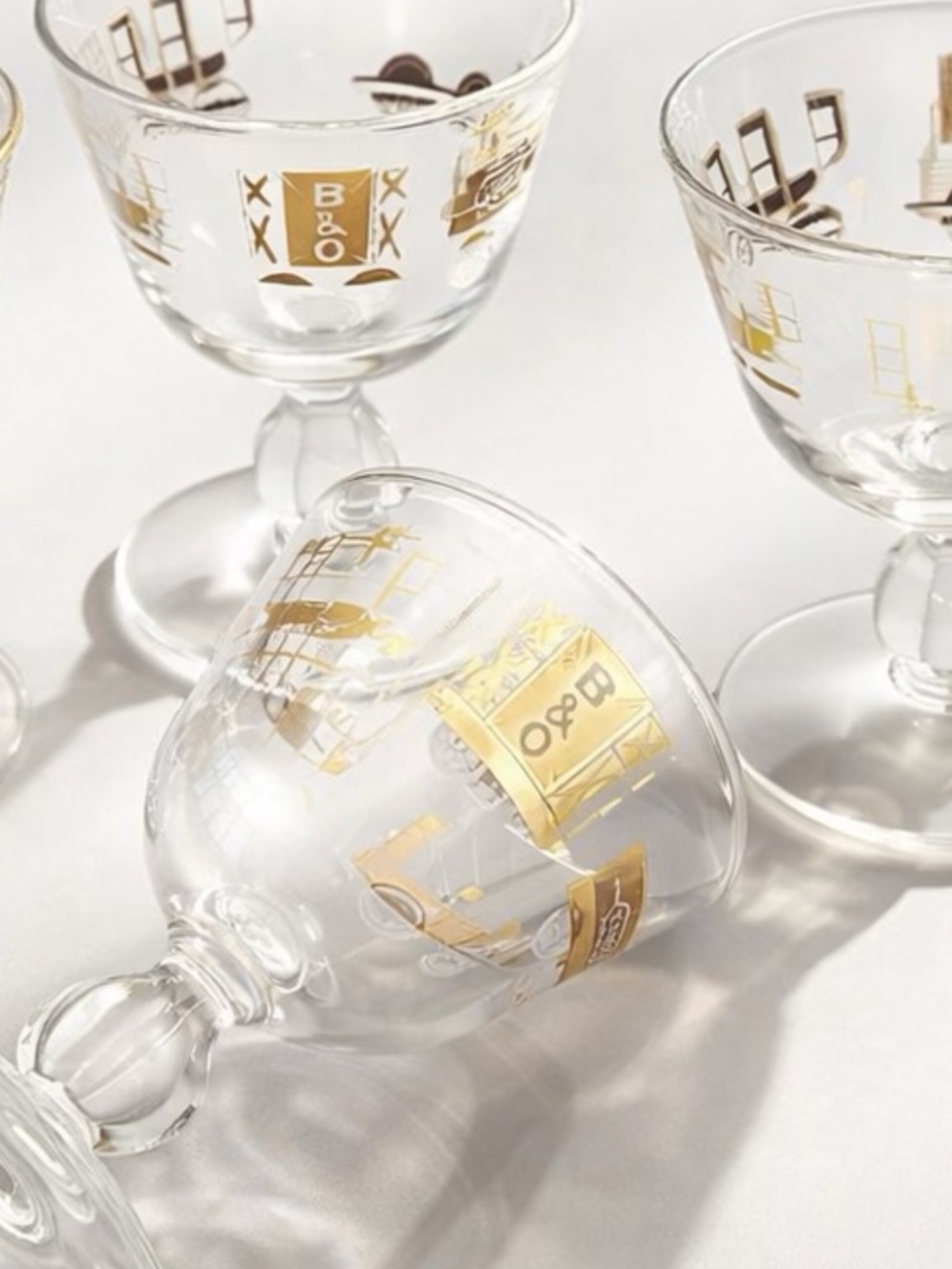 Four Vintage MCM Libby B&0 Railroad Gold Leaf Cordial Bar Ware Glasses